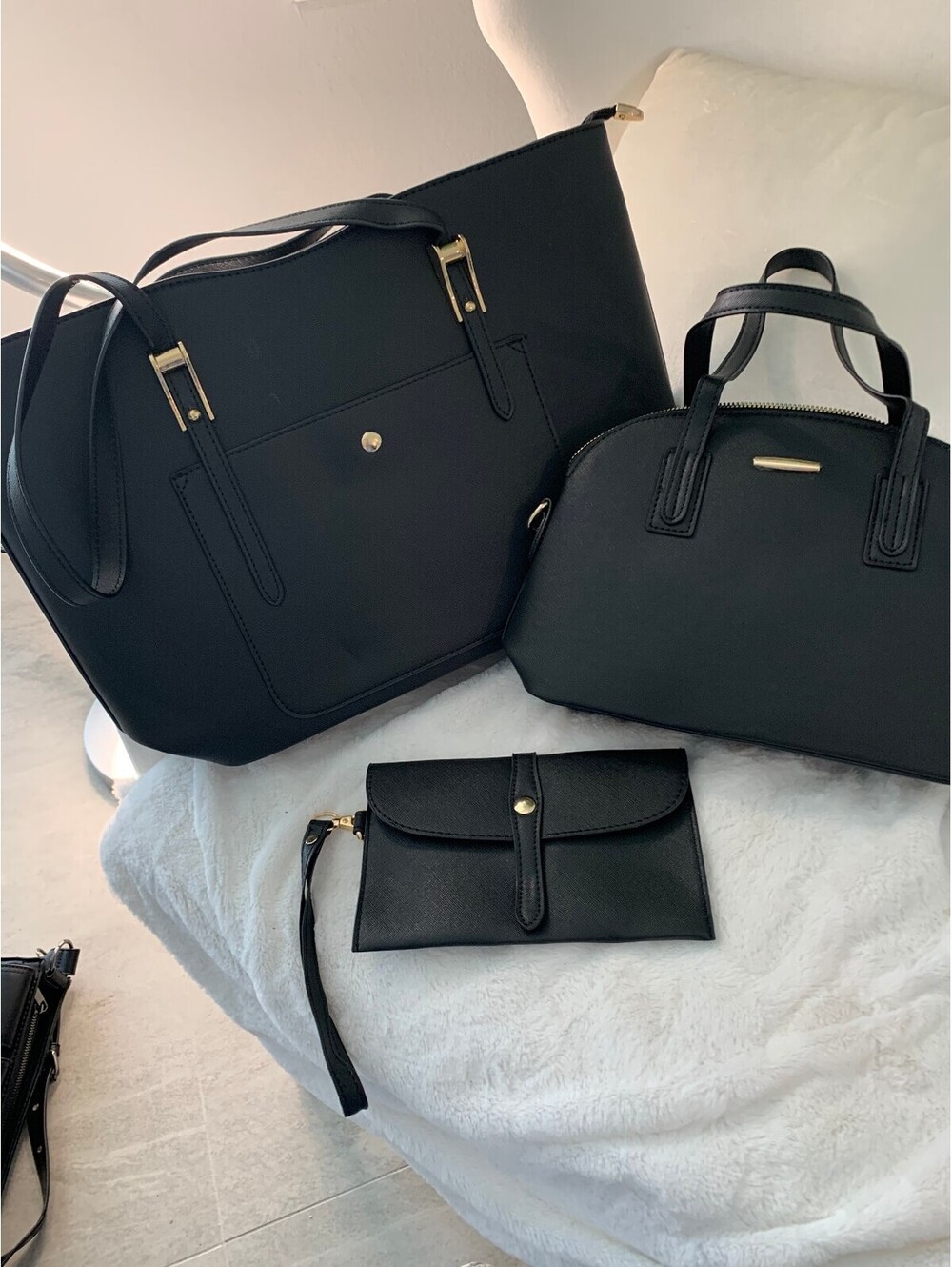 Black 3-Piece Handbag Set with Gold Hardware